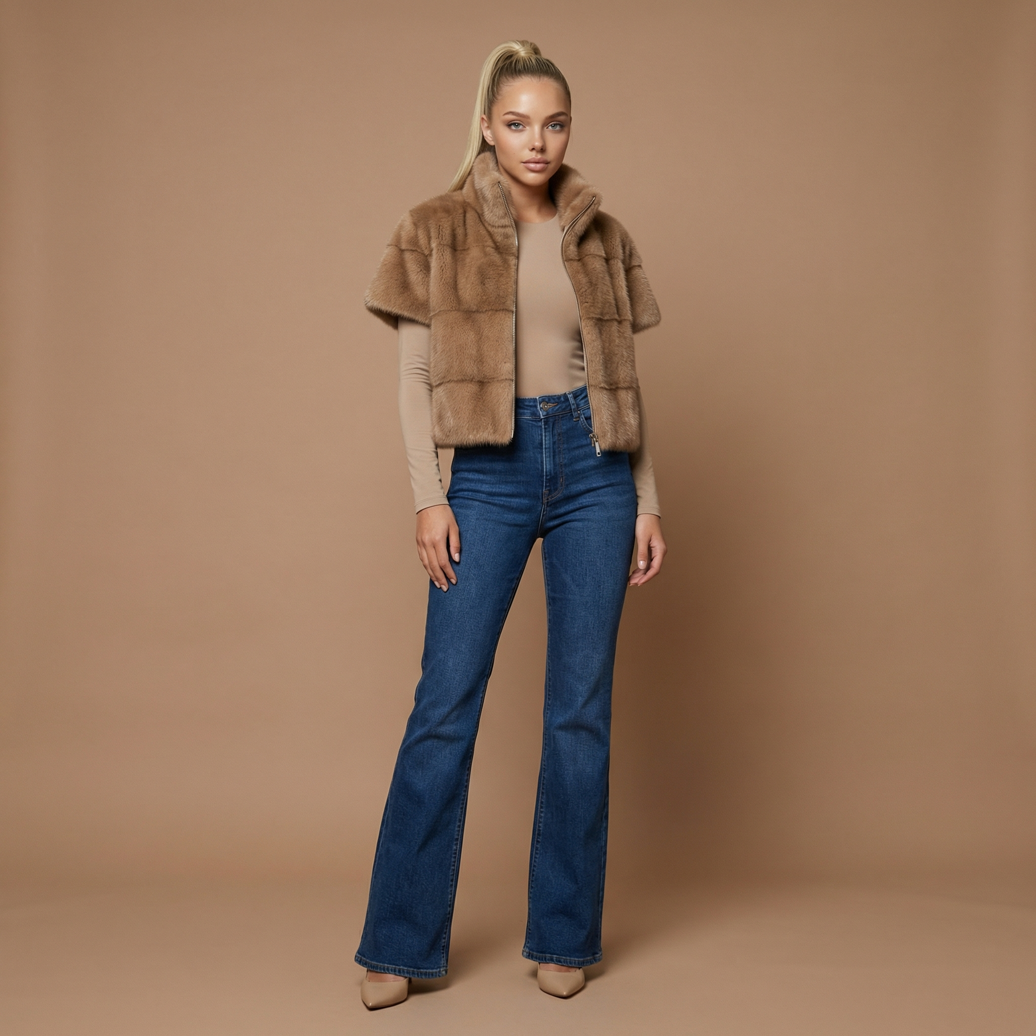 Nola – Faux Fur Short Sleeve Jacket with Zip